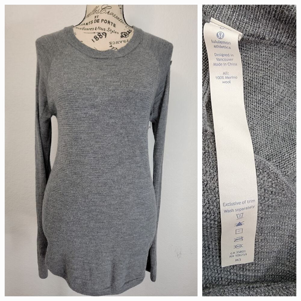 Lululemon 100% Merino Wool Sweater SZ 6 Ribbed Crewneck Gray FLAWED*